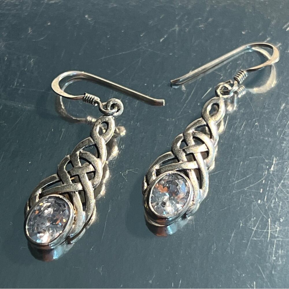 Elegant Genuine Silver with Oval Rhinestones CELTIC DESIGN Drop Earring